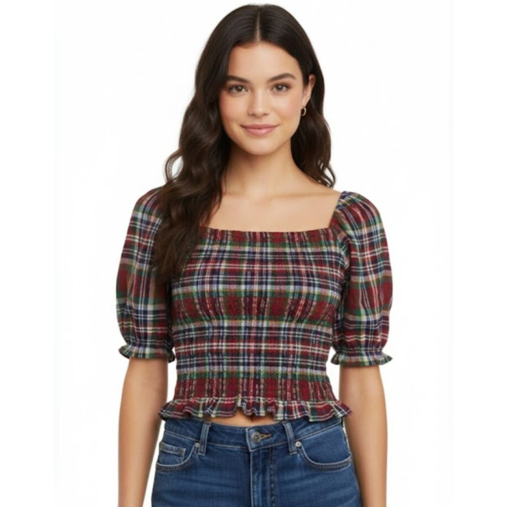 American Eagle Plaid Puff Sleeve Smocked Crop Top Large